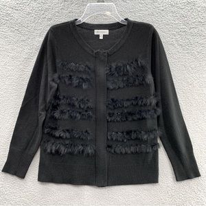 Neiman Marcus Womens Black Knit Fur Trimmed Long Sleeve Zip Cardigan Sweater M